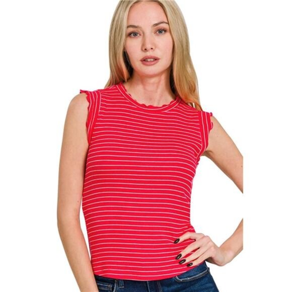 Zenana Ribbed Ruffle Trim Sleeveless Stripe Top - Picture 1 of 3
